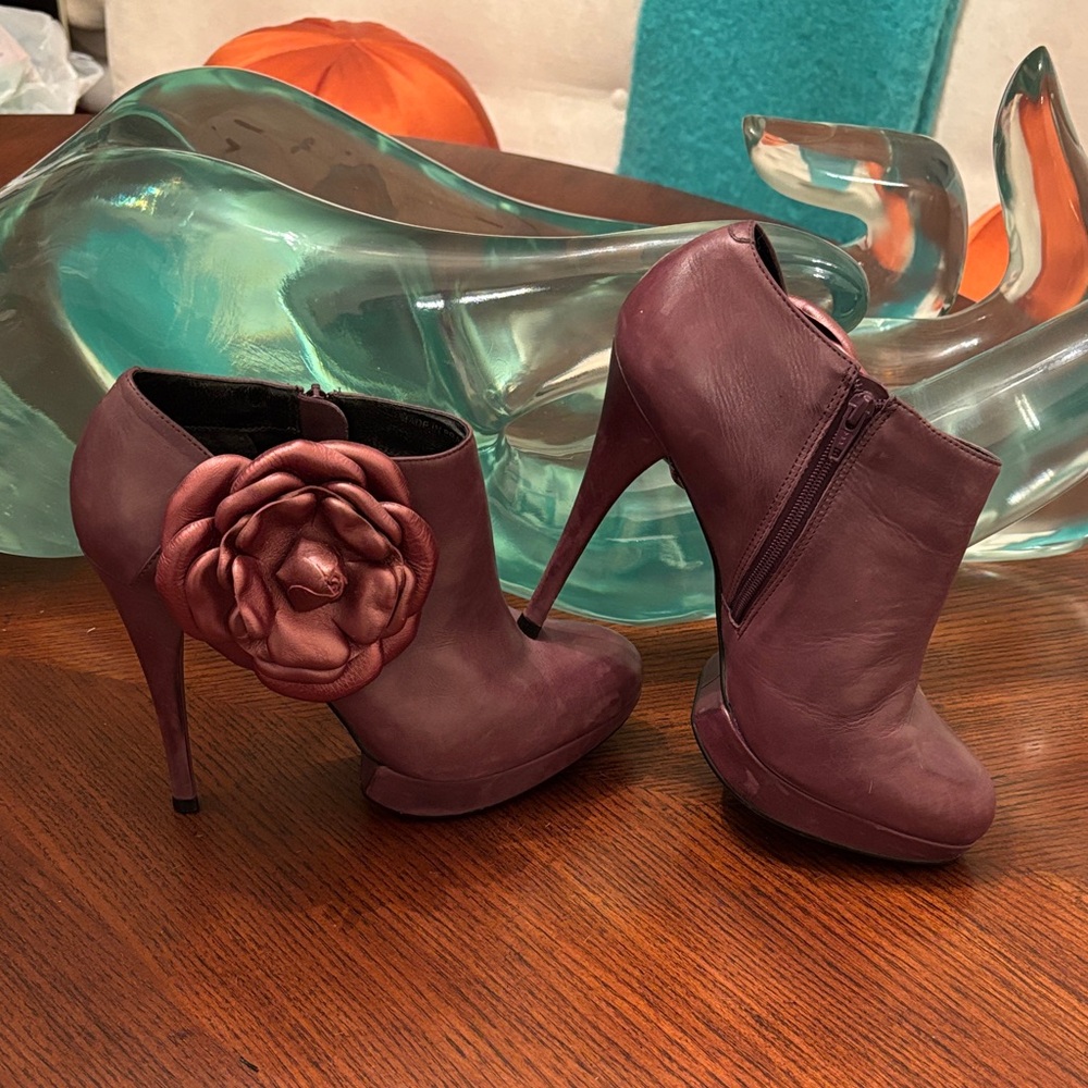 Kelsi Dagger Plum Heeled Boots with Floral Detail